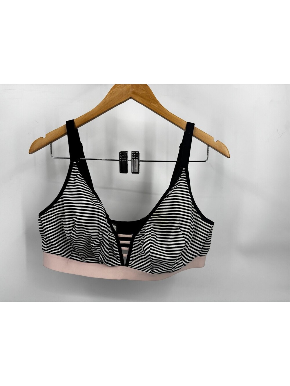 Cacique Bralette Black White Striped Strappy Front Wire Free Pink Band 18/20